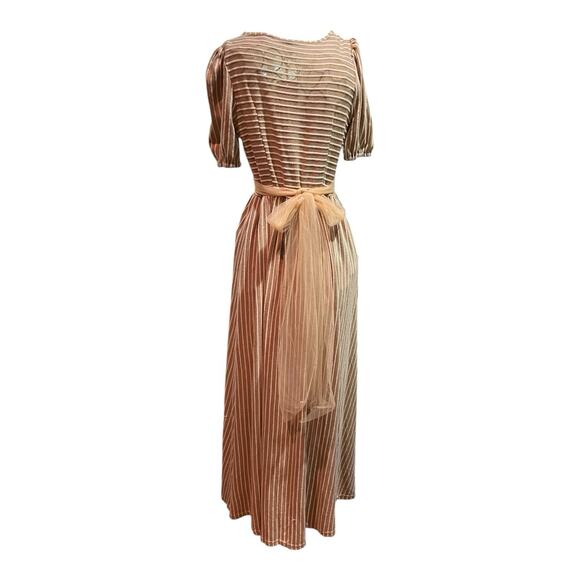 Cottagecore Coastal Neutral Feminine striped wrap puffed sleeves Maxi dress L - Picture 7 of 16